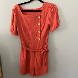 Shein Orange Vintage Inspired Puff Sleeve Button down Romper